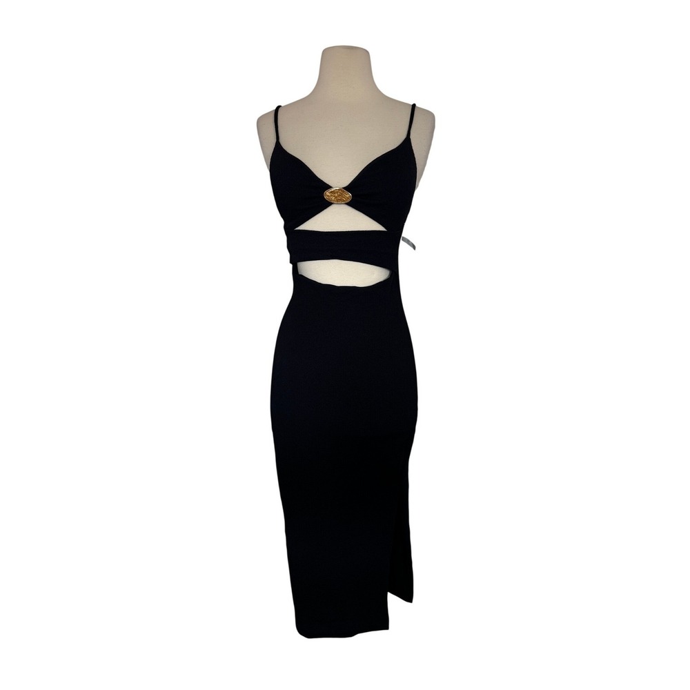 ViX Paula Hermanny Black Textured Cutout Midi Black Dress Gold Hardware Size M